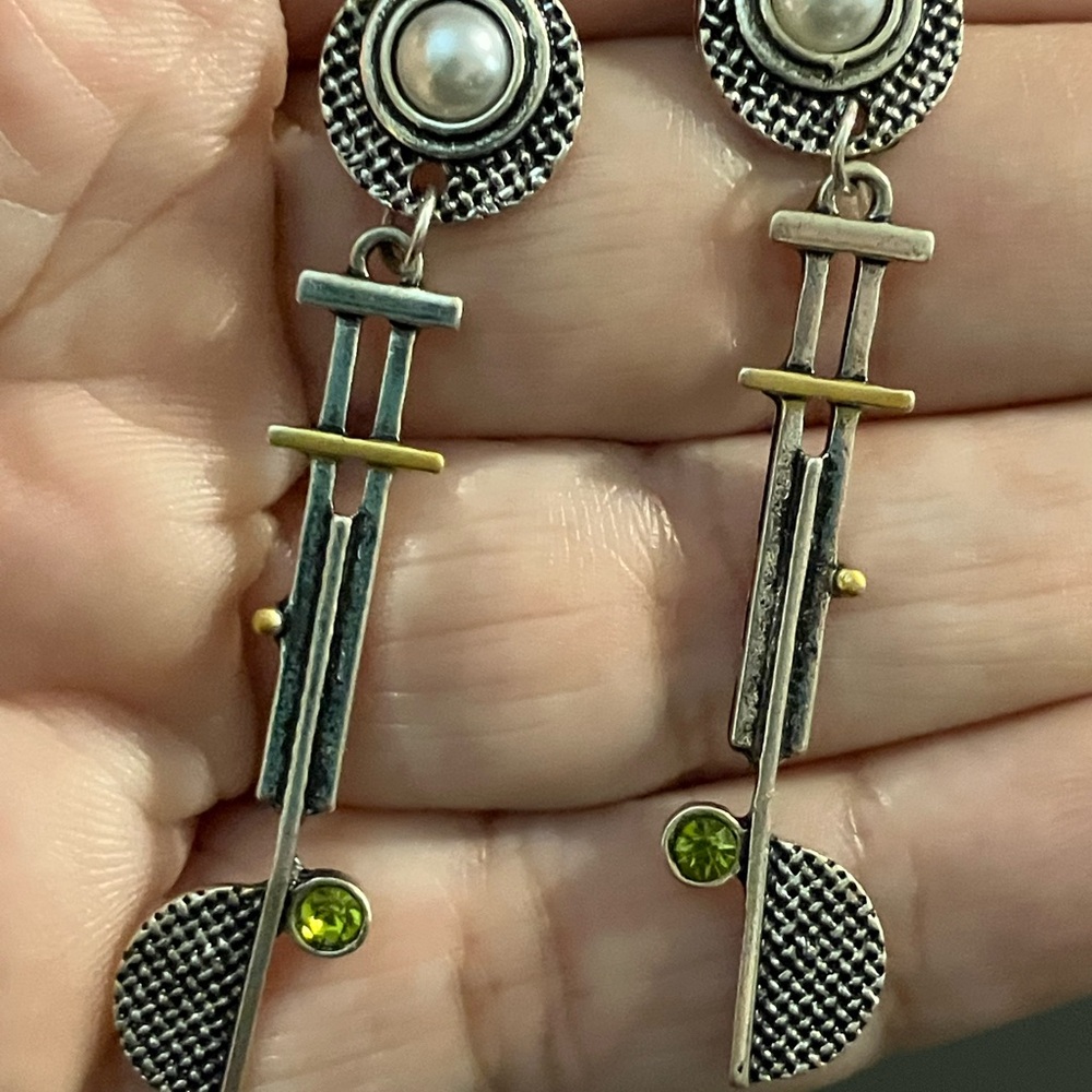Silver and Gold Dangle Earrings with Pearl Accents and Peridot Rhinestones